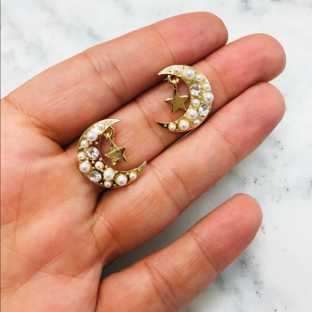 Pearl Encrusted Crescent Moon Stud Earrings-Nwt-Boutique 18$